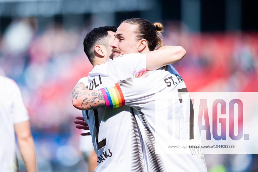 Soccer, 2023 2024, 1 Bundesliga, Matchday 30, Hannover 96 FC St Pauli L R Manolis Saliakas Pauli , Jackson Irvine Pauli DFL REGULATIONS PROHIBIT ANY USE OF PHOTOGRAPHS AS IMAGE SEQUENCES AND OR QUASI VIDEO