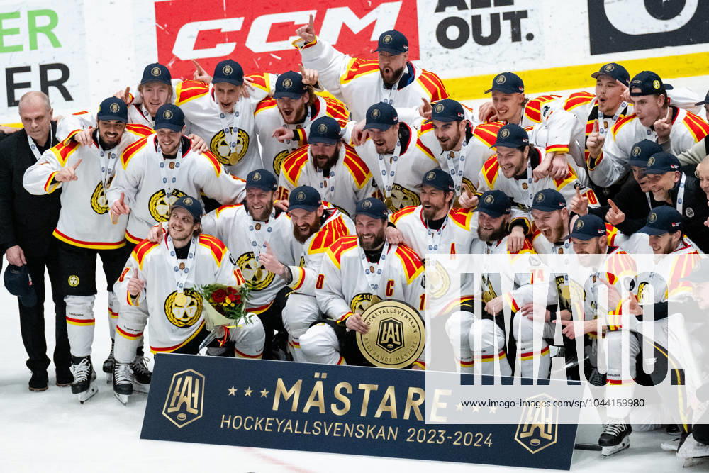 Brynäs players cheer after the final 4 in Hockeyallsvenskan between Djurgarden and Brynäs on April 23, 2024 in Stockholm, Sweden.