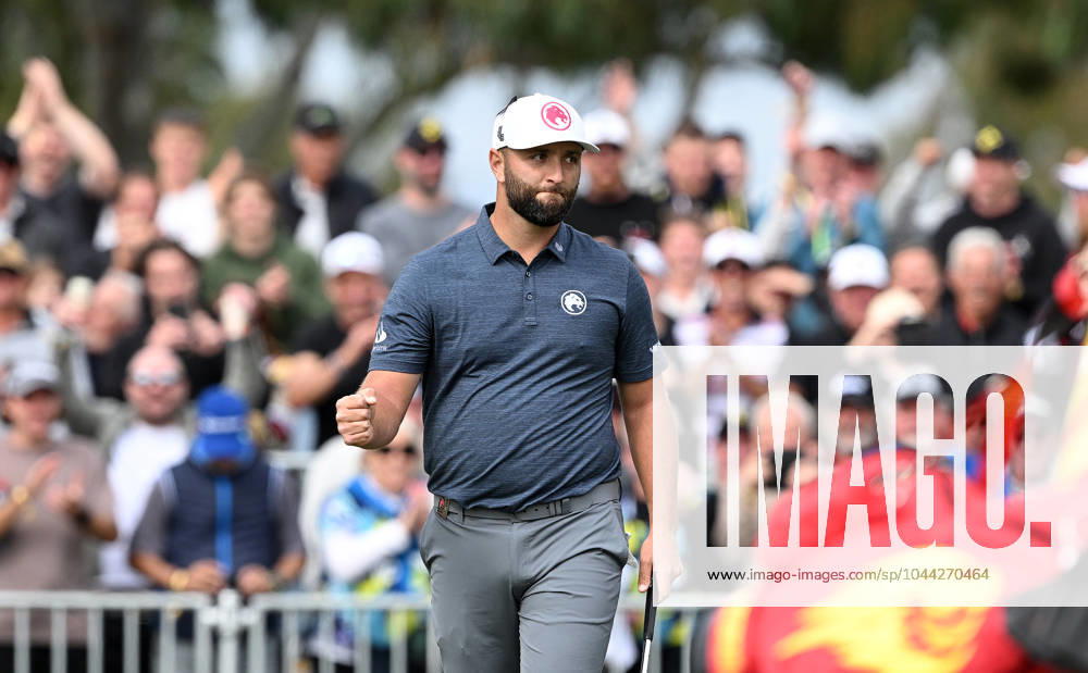LIV GOLF ADELAIDE, Legion XIII Captain Jon Rahm reacts after sinking a putt on the 9th on Day 1 of LIV Golf Adelaide at the Grange Golf Club in Adelaide, Friday, April 26, 2024. ( NO ARCHIVING, , NO USE IN BOOKS WITHOUT CONSENT ADELAIDE SOUTH AUSTRALIA AUSTRALIA