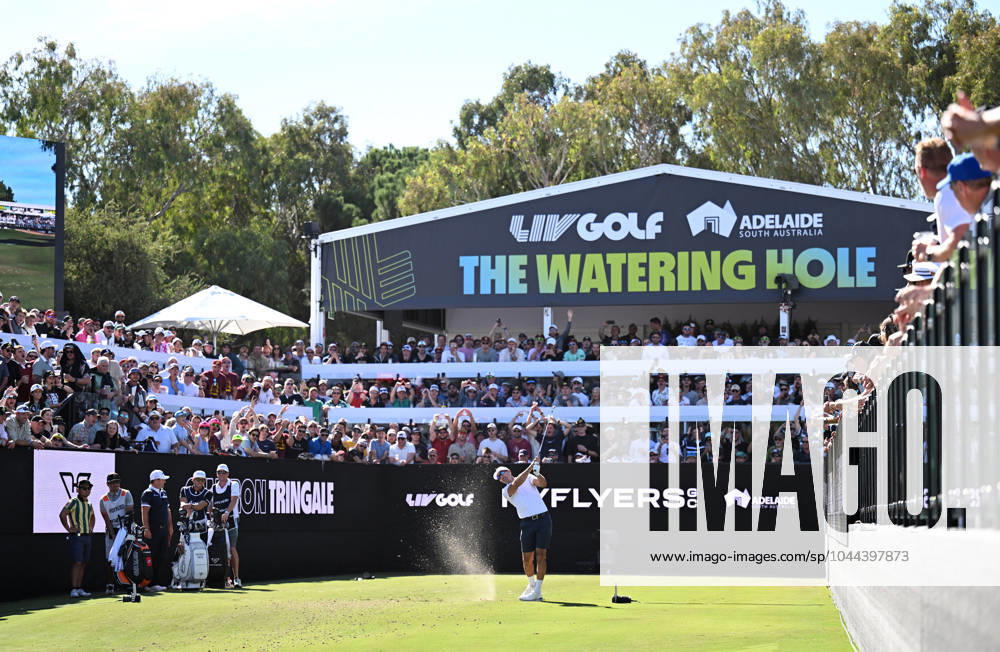 LIV GOLF ADELAIDE, Cameron Tringale tees off from the Watering Hole during the final round of LIV Golf Adelaide at the Grange Golf Club in Adelaide, Sunday, April 28, 2024. ( NO ARCHIVING, , NO USE IN BOOKS WITHOUT CONSENT ADELAIDE SOUTH AUSTRALIA AUSTRALIA