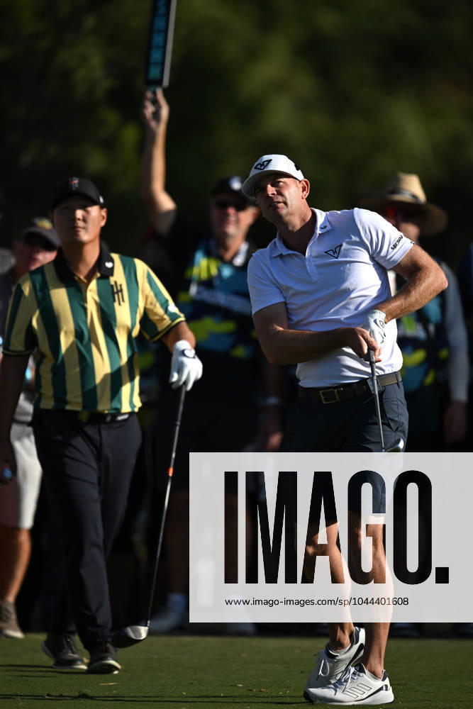 LIV GOLF ADELAIDE, Brendan Steele (right) looks on after playing a shot during the final round of LIV Golf Adelaide at the Grange Golf Club in Adelaide, Sunday, April 28, 2024. ( NO ARCHIVING, , NO USE IN BOOKS WITHOUT CONSENT ADELAIDE SOUTH AUSTRALIA AUSTRALIA