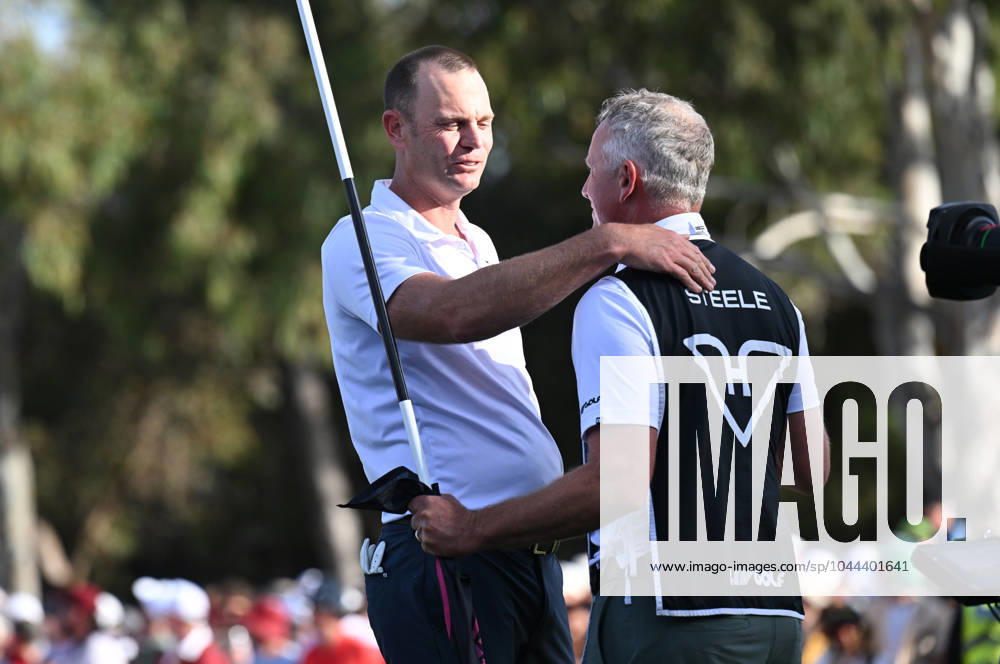 LIV GOLF ADELAIDE, Brendan Steele (left) reacts with his caddy after winning the LIV Golf Adelaide at the Grange Golf Club in Adelaide, Sunday, April 28, 2024. ( NO ARCHIVING, , NO USE IN BOOKS WITHOUT CONSENT ADELAIDE SOUTH AUSTRALIA AUSTRALIA