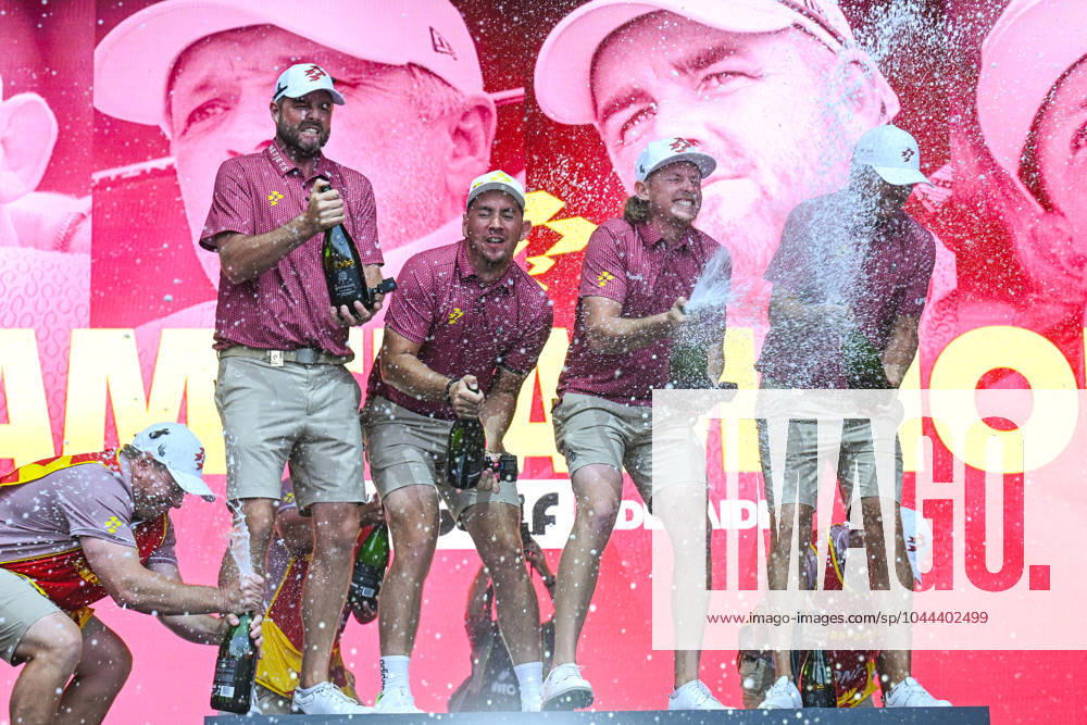LIV GOLF ADELAIDE, Ripper GC celebrate the Team victory (L-R) Marc Leishman, Lucas Herbert, Ripper GC Captain Cameron Smith and Matt Jones during LIV Golf Adelaide at the Grange Golf Club in Adelaide, Sunday, April 28, 2024. ( NO ARCHIVING, , NO USE IN BOOKS WITHOUT CONSENT ADELAIDE SOUTH AUSTRALIA AUSTRALIA