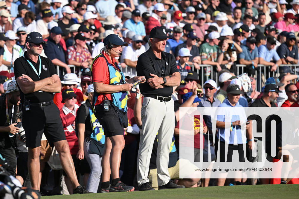LIV GOLF ADELAIDE, Greg Norman watches proceedings on the last hole as Brendan Steele of HyFlyers GC plays up the 18th hole during LIV Golf Adelaide at the Grange Golf Club in Adelaide, Sunday, April 28, 2024. ( NO ARCHIVING, , NO USE IN BOOKS WITHOUT CONSENT ADELAIDE SOUTH AUSTRALIA AUSTRALIA