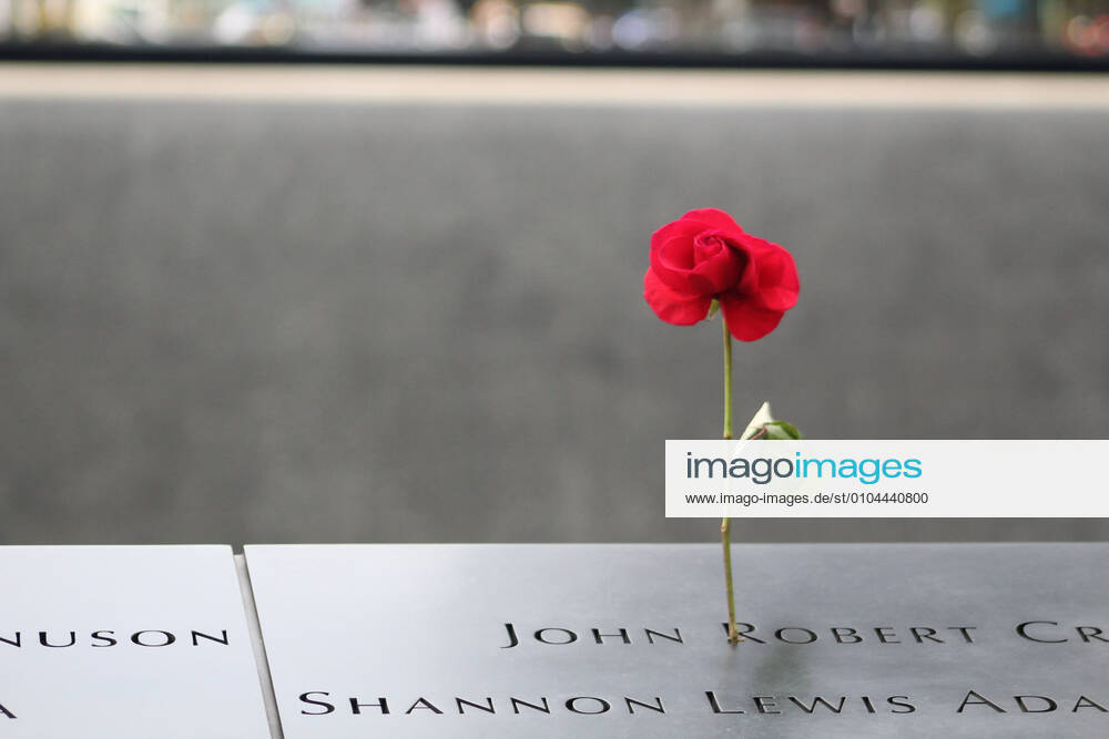 In an unprecedented context due to Covid-19, the commemoration of the 9 11 attacks was unlike any other in New York. This red rose was placed in the hollow of a name engraved alongside all the others on the rim of one of the basins framing the Memorial waterfalls.The bereaved families was also confronted with the presidental context of the moment with the venue of Joe Biden, Democratic presidential candidate followed by Vice President Mike Pence during the ceremony. For the first time in 19 years since al Qaeda operatives destroyed the World Trade Center with two hijacked jets, the names of the almost 3,000 victims usually pronounced live were pre-recorded and broadcast by loudspeaker. New York - ZUMAb197 20200910_znp_b197_051