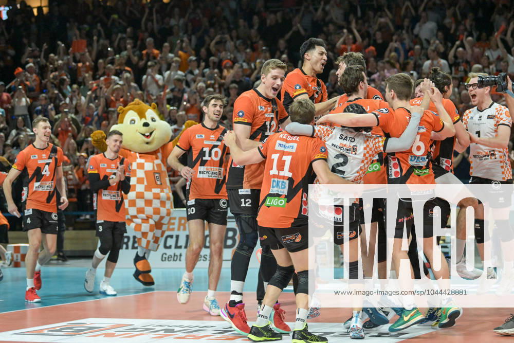Berlin, Germany 28 April 2024 1 VBL 2023 2024 Final Sp 5 Berlin Recycling Volleys vs VfB Friedrichshafen In the picture, the BR Volleys celebrate winning the German Championship 2023 24