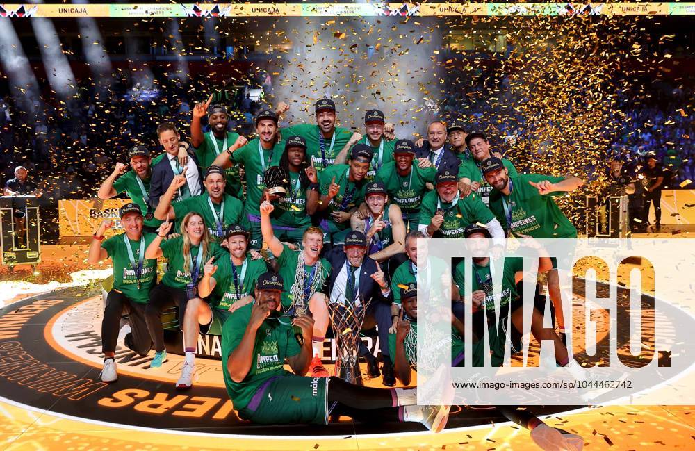 KW17 (240429) -- BELGRADE, April 29, 2024 -- Unicaja s players celebrate with the trophy after the FIBA basketball Champions League final match between Lenovo Tenerife and Unicaja in Belgrade, Serbia, on April 28, 2024. (Photo by Xinhua) (SP)SERBIA-BELGRADE-BASKETBALL-FIBA CHAMPIONS LEAGUE-FINAL PredragxMilosavljevic