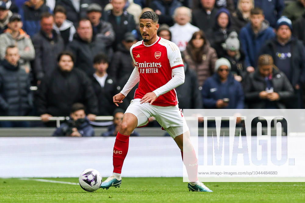 Tottenham Hotspur v Arsenal Premier League 28 04 2024. William Saliba (2) of Arsenal during the Premier League match between Tottenham Hotspur and Arsenal at Tottenham Hotspur Stadium, London, United Kingdom on 28 April 2024. Editorial use only DataCo restrictions apply See www.football-dataco.com ,