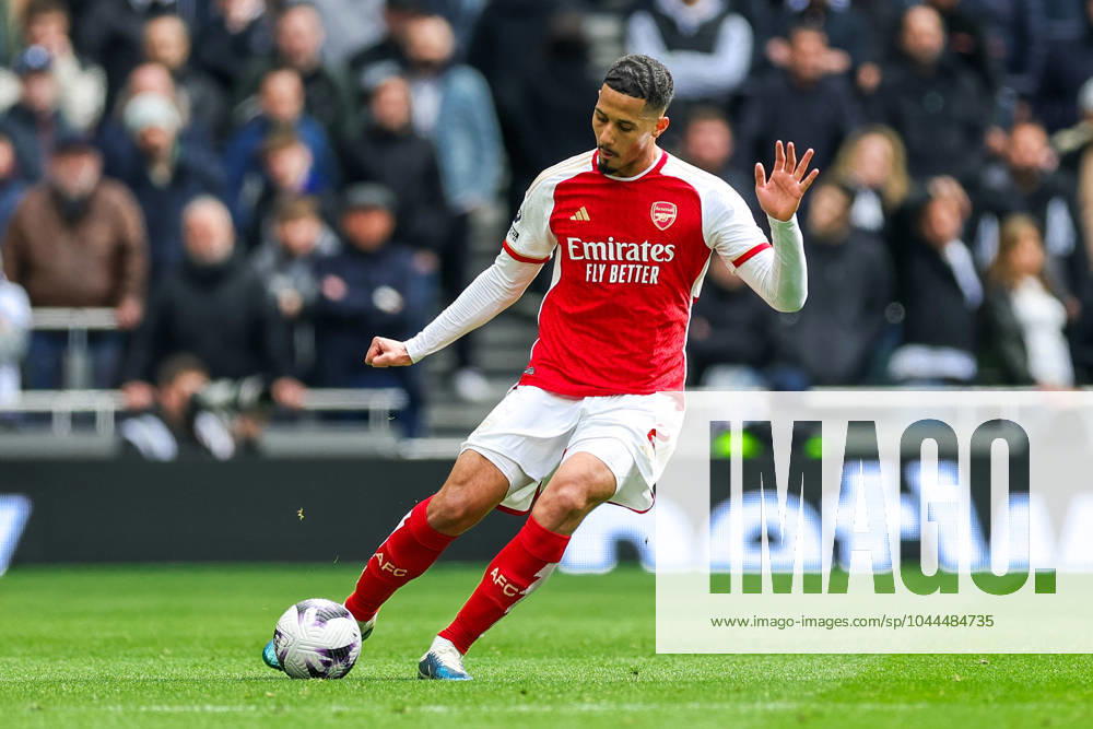 Tottenham Hotspur v Arsenal Premier League 28 04 2024. William Saliba (2) of Arsenal during the Premier League match between Tottenham Hotspur and Arsenal at Tottenham Hotspur Stadium, London, United Kingdom on 28 April 2024. Editorial use only DataCo restrictions apply See www.football-dataco.com ,