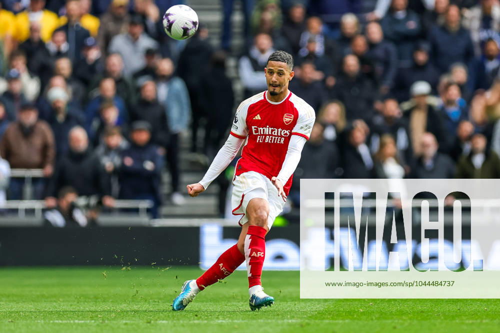 Tottenham Hotspur v Arsenal Premier League 28 04 2024. William Saliba (2) of Arsenal during the Premier League match between Tottenham Hotspur and Arsenal at Tottenham Hotspur Stadium, London, United Kingdom on 28 April 2024. Editorial use only DataCo restrictions apply See www.football-dataco.com ,
