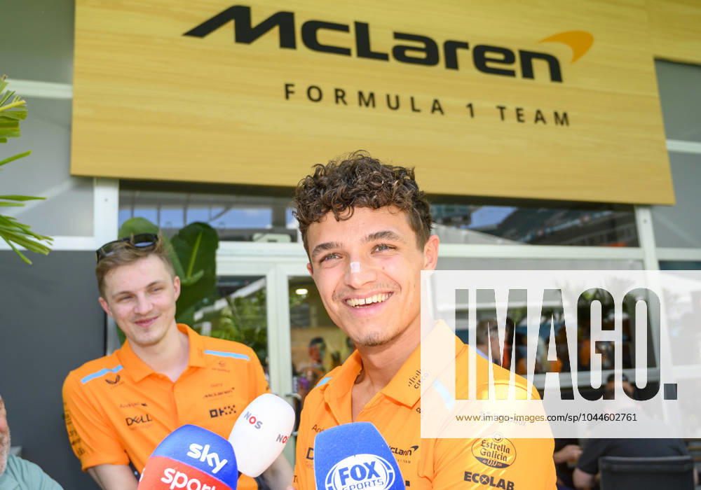 2nd May 2024; Miami International Autodrome, Miami, Florida, USA; Formula 1 Crypto.com Miami Grand Prix 2024; Arrival and Inspection Day; McLaren driver Lando Norris of the United Kingdom smiles as he speaks to the media in the Team Village. ActionPlus12637309 DouglasxMurray Content restricted for UK based newspaper