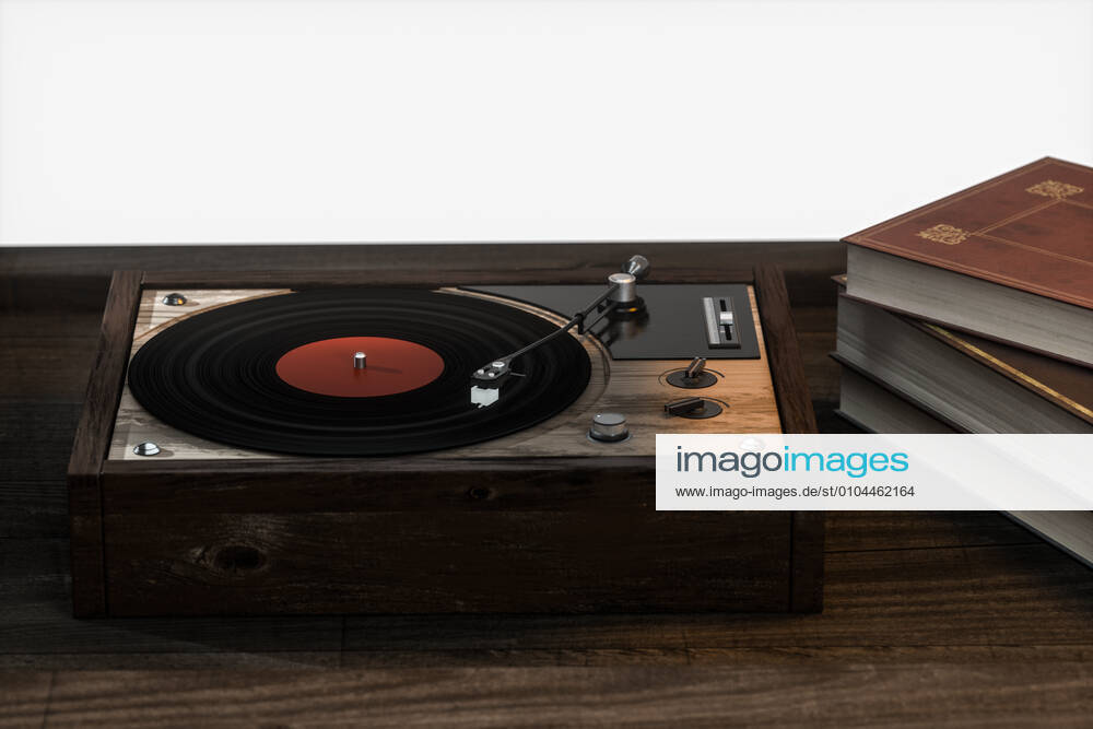 A vinyl record player on a wooden desktop, 3-D rendering 758086698742710275