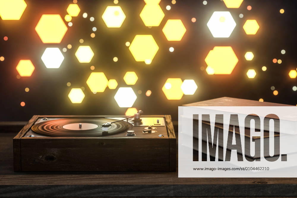 A vinyl record player on a wooden desktop, 3-D rendering 758086698749001810