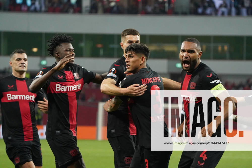 Football, UEFA Europa League 2023 2024, Semi Final, Bayer 04 Leverkusen AS Roma 09 05 2024, Bayarena Leverkusen, ,Edmond Tapsoba, Patrik Schick, Piero Hincapie, Jonathan Can all Bayer 04 leverkusen,