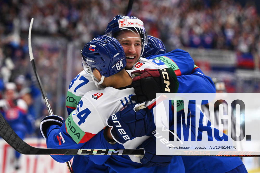 Patrik Koch, left, and Pavol Regenda of Slovakia celebrate a goal during the group B match of the 2024 IIHF World Championship, WM, Weltmeisterschaft USA vs Slovakia in Ostrava, Czech Republic, May 13, 2024. (CTKxPhoto JaroslavxOzana) CTKPhotoP2024051306223 CTKPhotoP2024051306223