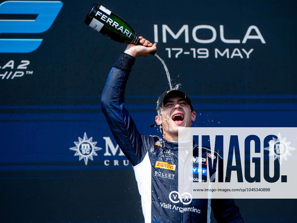 Franco Colapinto Argentina, MP Motorsport, Williams Academy Junior celebrates victory on the podium at the podium ceremony, ITA, FIA Formula 2 Championship, Sprint Race, Grand Prix Emilia Romagna Imola, Autodromo Enzo e Dino Ferrari, 18 05 2024 ITA, FIA Formula 2 Championship, Sprint Race, Grand Prix Emilia Romagna Imola, Autodromo Enzo e Dino Ferrari, 18 05 2024 Imola