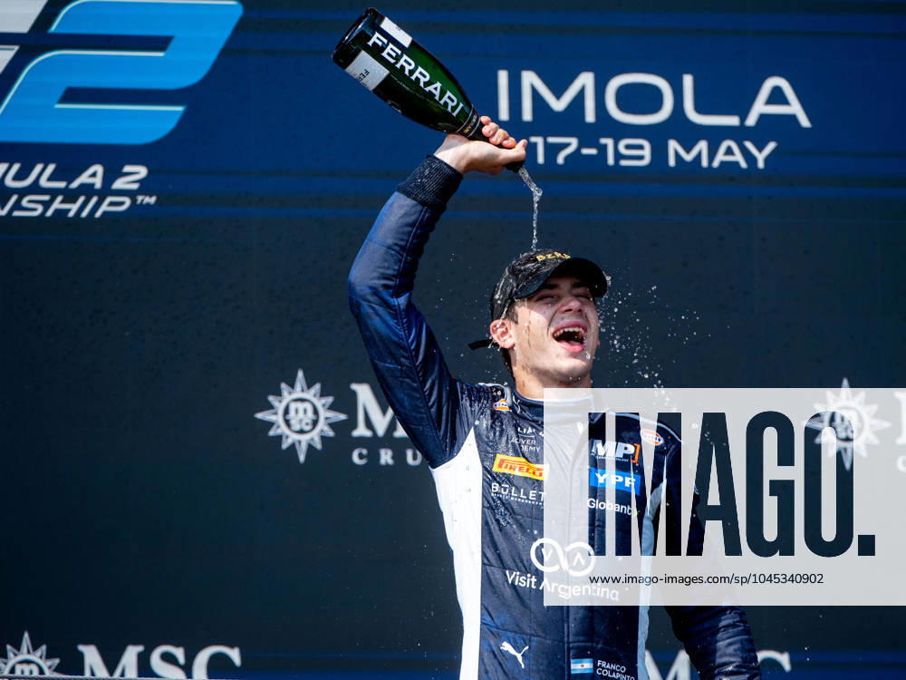 Franco Colapinto Argentina, MP Motorsport, Williams Academy Junior celebrates victory on the podium at the podium ceremony, ITA, FIA Formula 2 Championship, Sprint Race, Grand Prix Emilia Romagna Imola, Autodromo Enzo e Dino Ferrari, 18 05 2024 ITA, FIA Formula 2 Championship, Sprint Race, Grand Prix Emilia Romagna Imola, Autodromo Enzo e Dino Ferrari, 18 05 2024 Imola