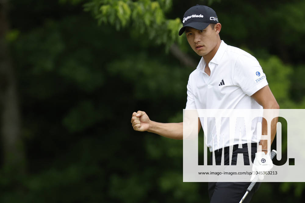 LOUISVILLE, KY - MAY 18: Collin Morikawa fist pumps after making a chip shot on No. 3 during the third round of the PGA, Golf Herren Championship, May 18, 2024, at Valhalla Golf Club in Louisville, Kentucky.(Photo by Matthew Maxey Icon Sportswire) GOLF: MAY 18 PGA Championship Icon240518021