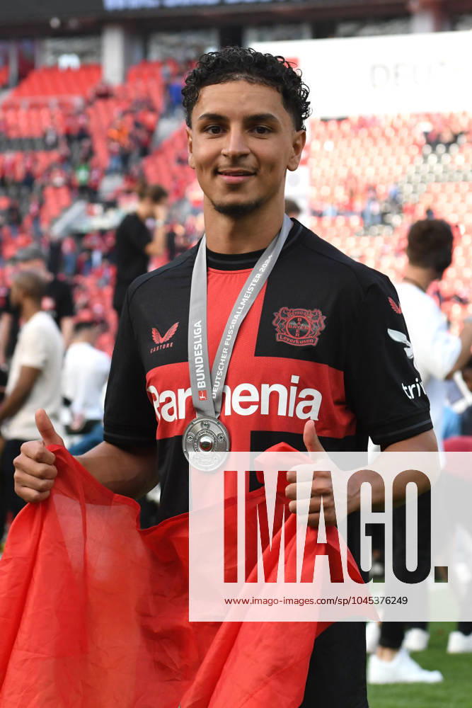 Ayman Aourir Bayer 04 Leverkusen celebrates with the DFB Champion Medal around his neck GER, Bayer 04 Leverkusen vs FC Augsburg, Football, Bundesliga, Matchday 34, Season 2023 2024, 18 05 2024 DFL REGULATES PROHIBIT ANY USE OF PHOTOGRAPHS AS IMAGE SEQUENCES AND OR QUASI VIDEO GER, Bayer 04 Leverkusen vs FC Augsburg, Football, Bundesliga, Matchday 34, Season 2023 2024, 18 05 2024 Leverkusen