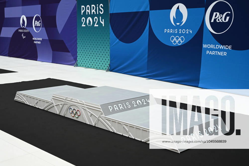 (240524) -- SAINT DENIS, May 24, 2024 -- Photo taken on May 23, 2024 shows the Paris 2024 podium during an unveiling ceremony of the podiums of the Paris 2024 Olympics and Paralympics held in Saint Denis, near Paris, France. (Photo by Julien Mattia Xinhua) (SP)FRANCE-SAINT DENIS-PARIS 2024 OLYMPIC AND PARALYMPIC PODIUMS-UNVEILING JxUlienmattiagaojing