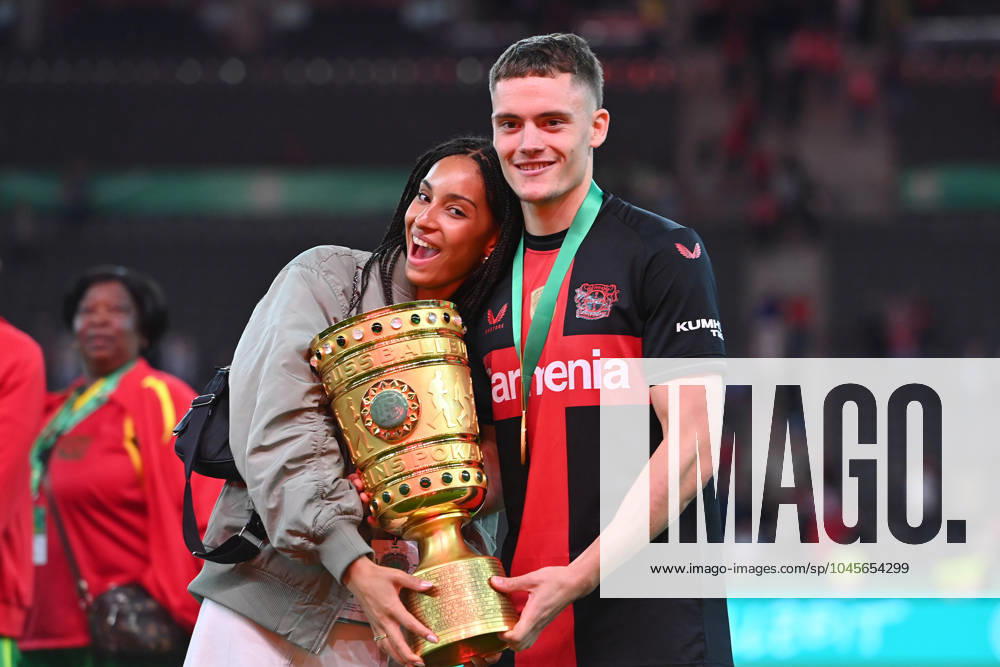 Florian WIRTZ Bayer Leverkusen and girlfriend Aaliyah with Pokal,Cup,Trophaee, Fussball 81 DFB Pokal Final 2024 1 FC Kaiserslautern Bayer 04 Leverkusen 0 1 am 25 05 2024, Olympiastadion in Berlin DFL DFB regulations prohibit any use of photographs as image sequences and or quasi video Â