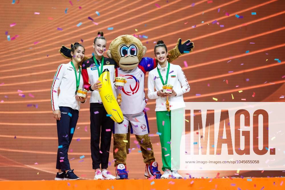 40th European Championships in Rhythmic Gymnastics 26 05 2024 Podium of ribbon final 1 Darja Varfolomeev GER , 2 Sofia Raffaeli ITA, 3 Elvira Krasnobaeva BUL 40th European Championships in Rhythmic Gymnastics on 26 05 2024 in the Papp László Arena in Budapest Hungary