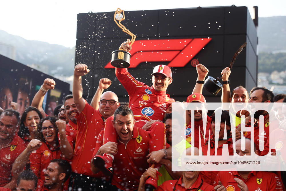 KW21 F1 Grand Prix Of Monaco 2024 Charles Leclerc of Ferrari celebrates with the team after Grand Prix of Monaco at Circuit de Monaco in Monaco on May 26, 2023. Monaco Monaco
