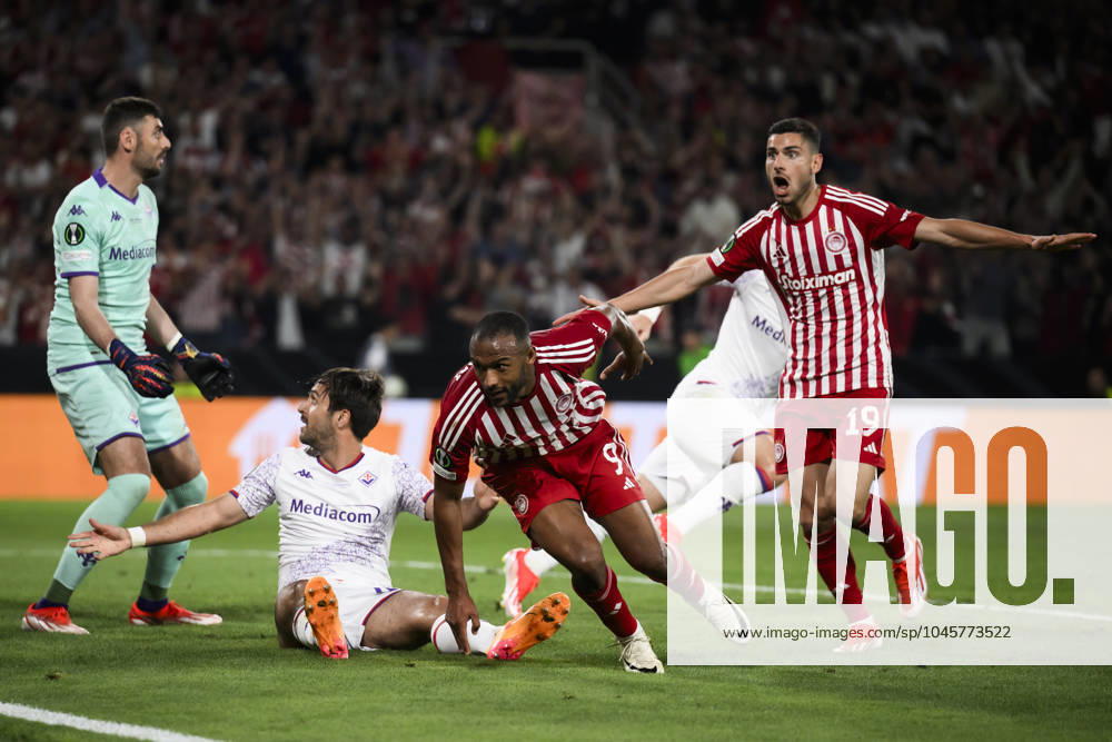 Olympiacos FC v ACF Fiorentina - UEFA Conference League Ayoub El Kaabi of Olympiacos FC celebrates after scoring a goal during the UEFA Conference League final football match between Olympiacos FC and ACF Fiorentina. Athens Greece