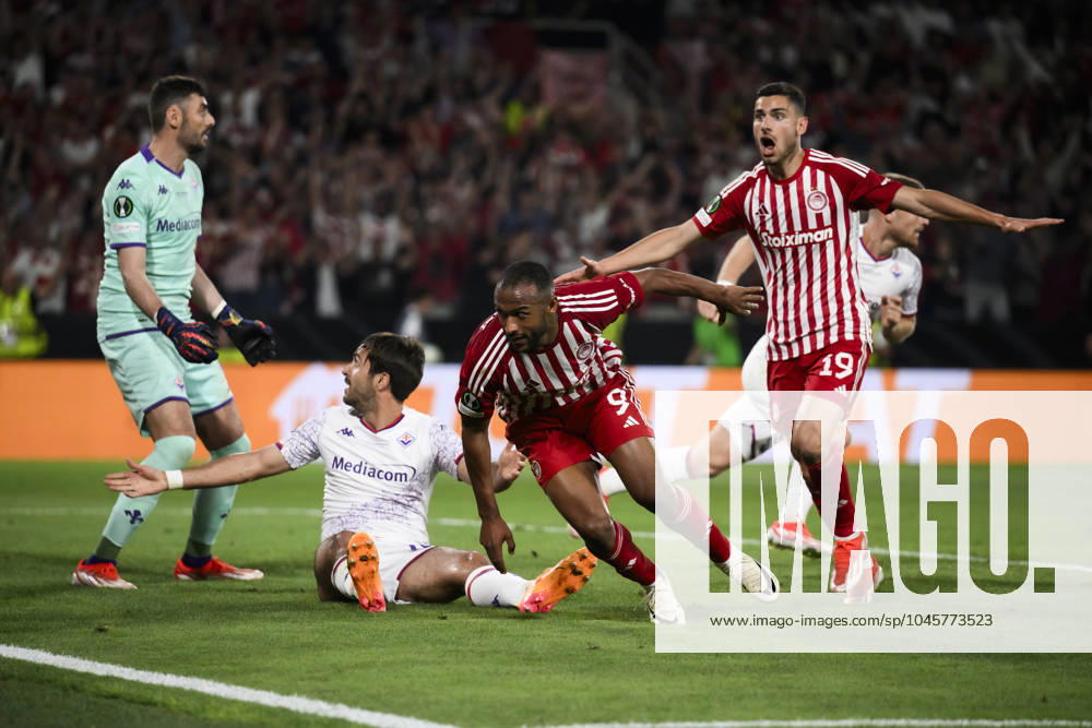 Olympiacos FC v ACF Fiorentina - UEFA Conference League Ayoub El Kaabi of Olympiacos FC celebrates after scoring a goal during the UEFA Conference League final football match between Olympiacos FC and ACF Fiorentina. Athens Greece