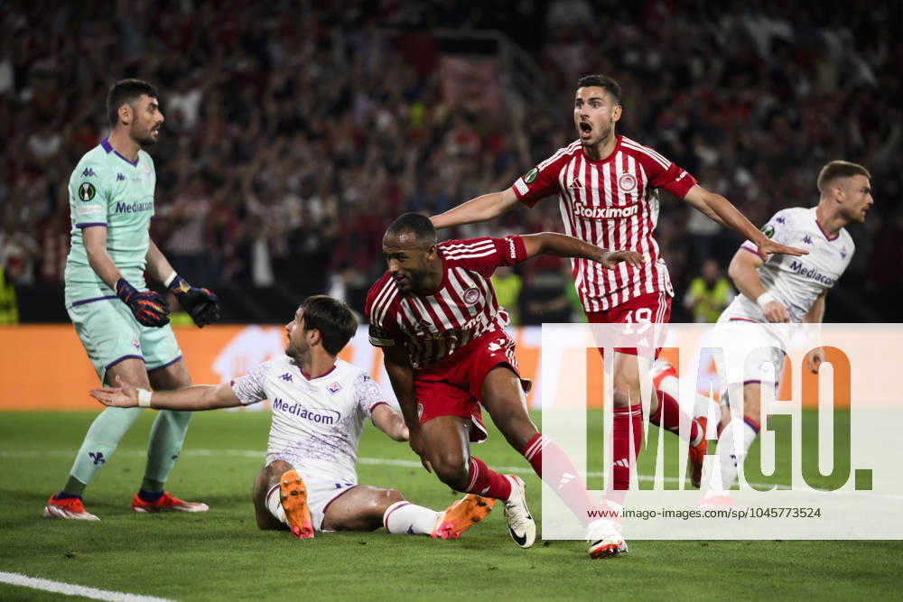 Olympiacos FC v ACF Fiorentina - UEFA Conference League Ayoub El Kaabi of Olympiacos FC celebrates after scoring a goal during the UEFA Conference League final football match between Olympiacos FC and ACF Fiorentina. Athens Greece