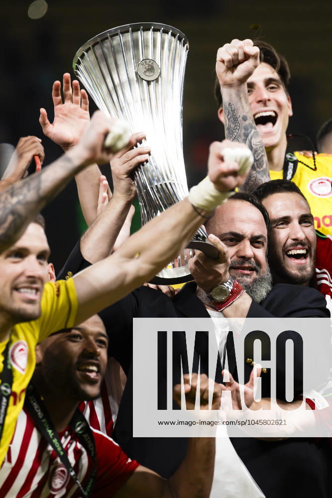 Olympiacos FC v ACF Fiorentina - UEFA Conference League Evangelos Marinakis lifts the trophy during the award ceremony following the UEFA Conference League final football match between Olympiacos FC and ACF Fiorentina. Athens Greece