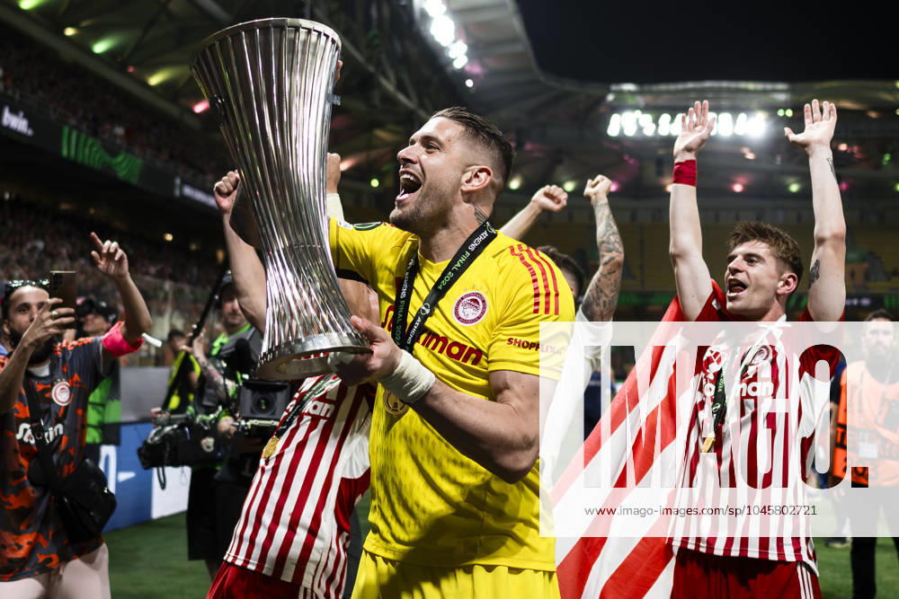 Olympiacos FC v ACF Fiorentina - UEFA Conference League Alexandros Paschalakis of Olympiacos FC celebrates with the trophy during the award ceremony following the UEFA Conference League final football match between Olympiacos FC and ACF Fiorentina. Athens Greece