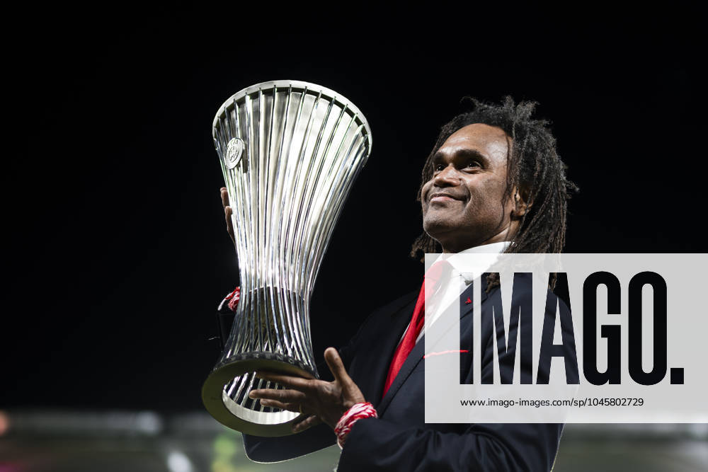 Olympiacos FC v ACF Fiorentina - UEFA Conference League Christian Karembeu holds the trophy during the award ceremony following the UEFA Conference League final football match between Olympiacos FC and ACF Fiorentina. Athens Greece