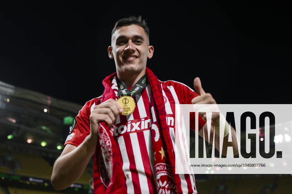 Olympiacos FC v ACF Fiorentina - UEFA Conference League Sotiris Alexandropoulos of Olympiacos FC celebrates with his medal during the award ceremony following the UEFA Conference League final football match between Olympiacos FC and ACF Fiorentina. Athens Greece