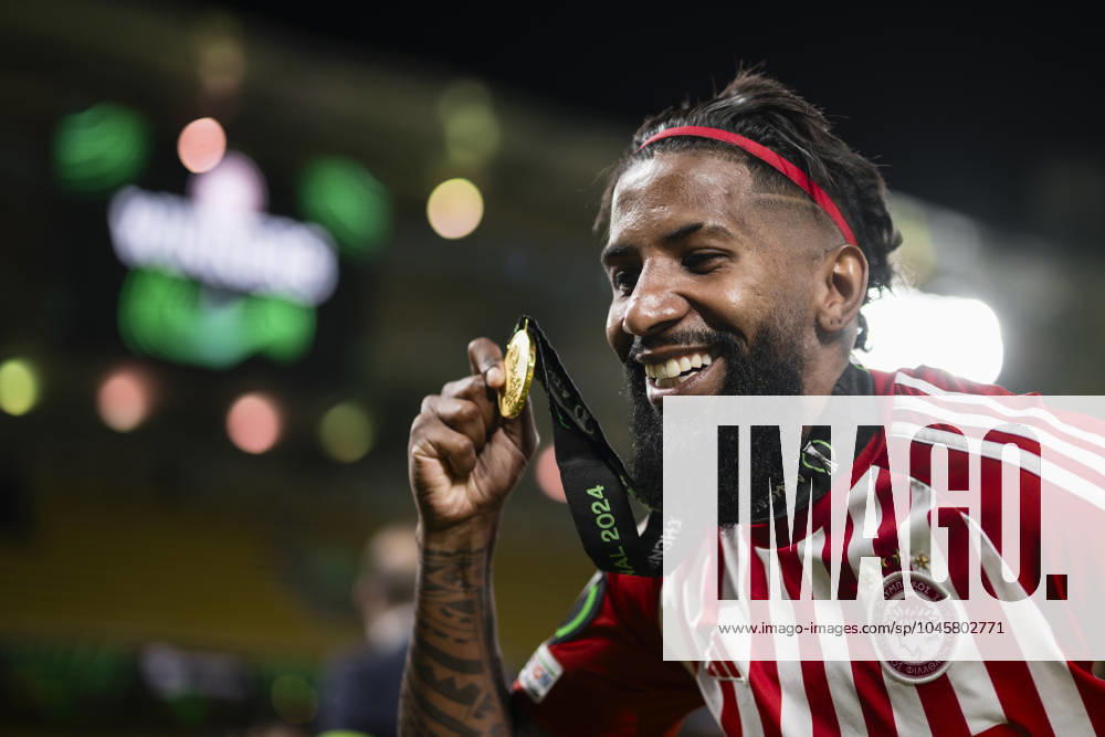 Olympiacos FC v ACF Fiorentina - UEFA Conference League Rodinei of Olympiacos FC celebrates with his medal during the award ceremony following the UEFA Conference League final football match between Olympiacos FC and ACF Fiorentina. Athens Greece