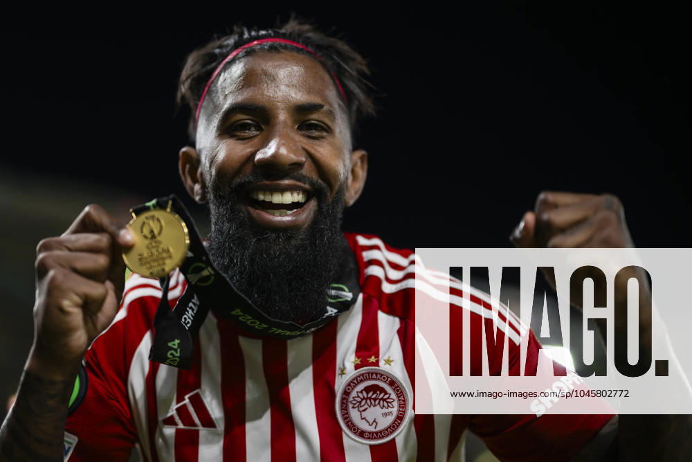 Olympiacos FC v ACF Fiorentina - UEFA Conference League Rodinei of Olympiacos FC celebrates with his medal during the award ceremony following the UEFA Conference League final football match between Olympiacos FC and ACF Fiorentina. Athens Greece