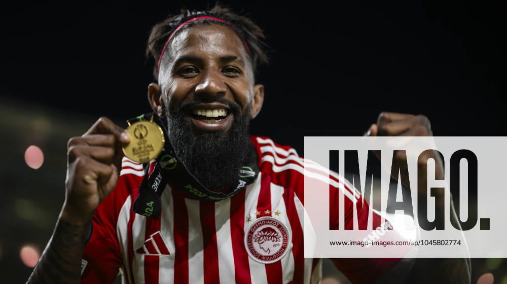 Olympiacos FC v ACF Fiorentina - UEFA Conference League Rodinei of Olympiacos FC celebrates with his medal during the award ceremony following the UEFA Conference League final football match between Olympiacos FC and ACF Fiorentina. Athens Greece