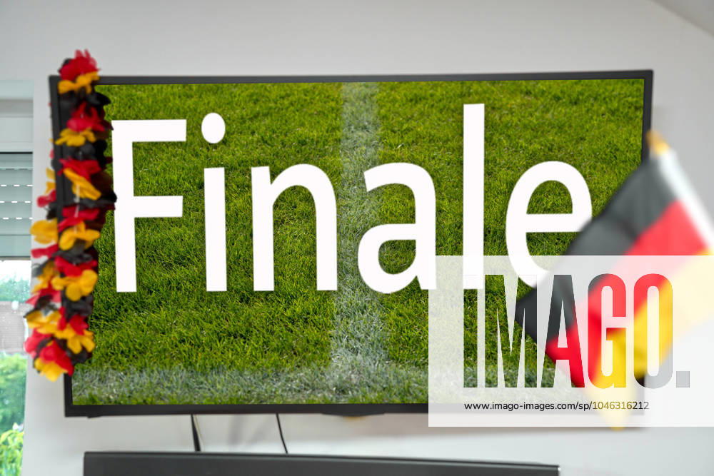 Endspiel der EM 2024, TV-Anzeige, bzw. Fernseher mit Aufschrift FINALE, im Hintergrund ein Fußballfeld mit deutscher Flagge und Blumenkette. Symbolisch zur Fußball-Europameisterschaft 2024. FOTOMONTAGE