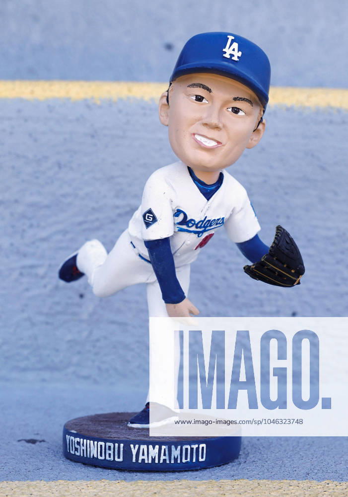 Baseball: Dodgers pitcher Yamamoto bobblehead doll Photo taken at Dodger Stadium in Los Angeles on June 13, 2024, shows a bobblehead doll depicting Los Angeles Dodgers pitcher Yoshinobu Yamamoto. The dolls were handed out to around 40,000 fans ahead of a baseball game the same day against the Texas Rangers. A14AA0002996593P