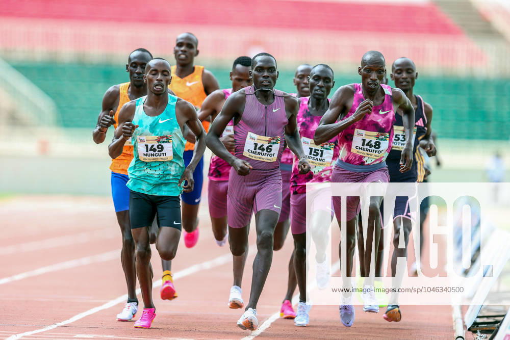 Reynold Cheruiyot (146) competes with Daniel Munguti (149) and Timothy Cheruiyot (148) in 1500m men final finishing line during Athletics Kenya Paris Olympics Trials on June 14th 2024 at Nyayo National Stadium.Photo CHRIS OMOLLO
