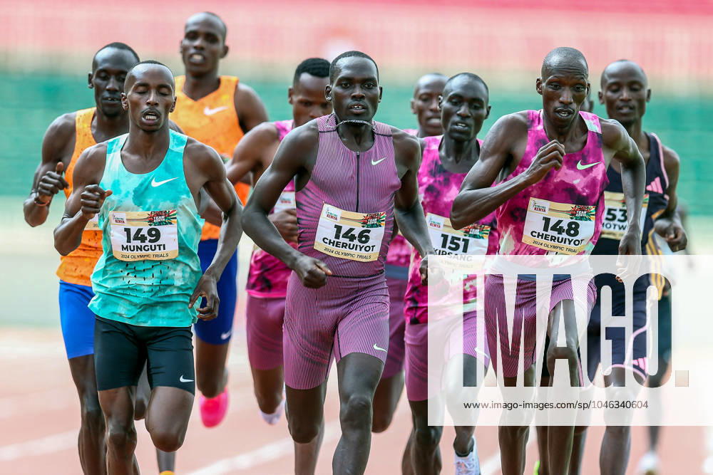 Reynold Cheruiyot (146) competes with Daniel Munguti (149) and Timothy Cheruiyot (148) in 1500m men final finishing line during Athletics Kenya Paris Olympics Trials on June 14th 2024 at Nyayo National Stadium.Photo CHRIS OMOLLO
