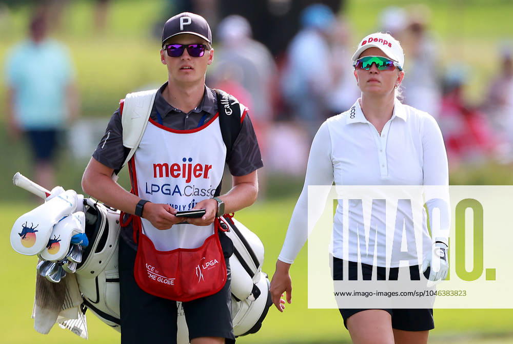 Meijer LPGA, Golf Damen Classic Nanna Koerstz Madsen of Smoerum, Denmark walks with her caddie on the 18th fairway during the third round of the Meijer LPGA Classic for Simply Give golf tournament at Blythefield Country Club in Belmont, MI, USA Saturday, June 15, 2024. Belmont Michigan United States