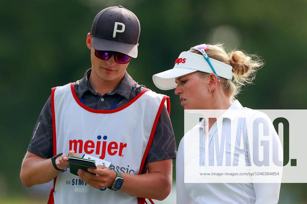 Meijer LPGA, Golf Damen Classic Nanna Koerstz Madsen of Smoerum, Denmark talks with her caddie on the 18th fairway during the third round of the Meijer LPGA Classic for Simply Give golf tournament at Blythefield Country Club in Belmont, MI, USA Saturday, June 15, 2024. Belmont Michigan United States