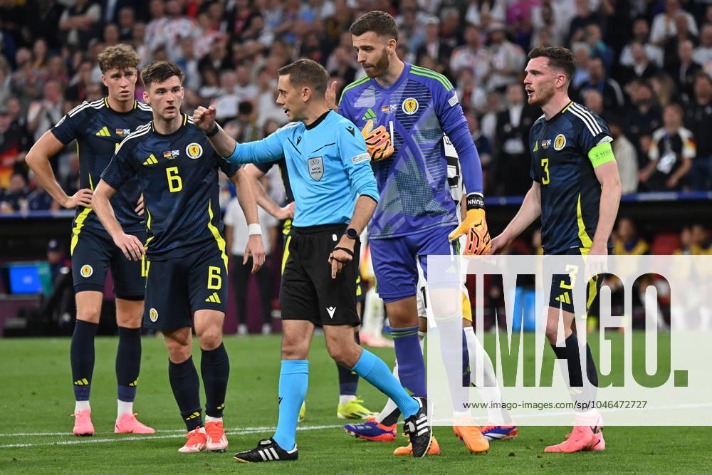 Football EM 2024, Germany Scotland, v l Kieran Tierney Team Scotland Referee Clement Turpin France Angus Gunn Team Scotland Andrew Robertson Team Scotland Munich