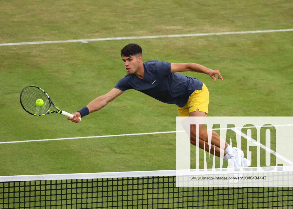 18th June 2024; Cinch Championships, Queens Club, West Kensington, London, England: Cinch Championships Queens Club, Day 2; Carlos Alcaraz (ESP) with a forehand shot to Francisco Cerundolo (ARG), mens singles match ActionPlus12656671 JohnxPatrickxFletcher Content restricted for UK based newspaper