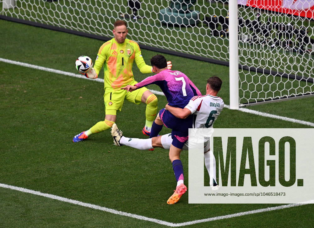 European Football Championship 2024, Germany Hungary, v l Peter Gulacsi Hungary , Kai Havertz German National Football Team DFB , Willi Orban Hungary UEFA REGULATIONS PROHIBIT ANY USE OF PHOTOGRAPHS as IMAGE SEQUENCES and or QUASI VIDEO Stuttgart
