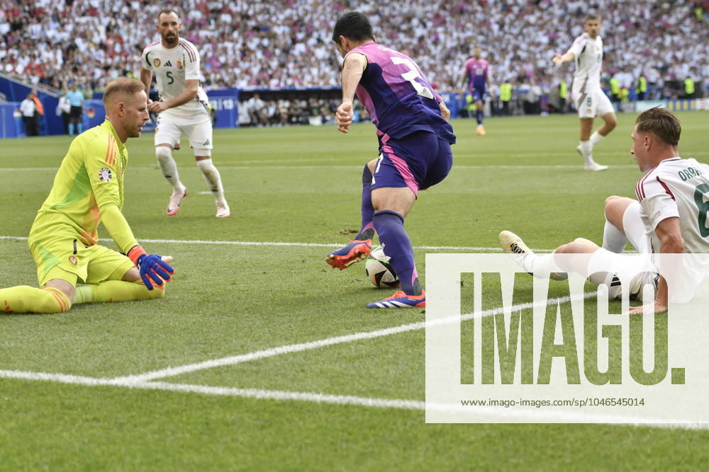 Controversial penalty area scene lkay Gündogan Guendogan 21, Germany bumps Willi Orban 6, Hungary , who stumbles and goes down, then lkay Gündogan Guendogan 21, Germany picks up the ball and passes it to the scorer for 1 0 Jamal Musiala 10, Germany 19 06 2024 European Football Championship in Germany Germany vs Hungary, Neckarpark, Stuttgart, Baden Württemberg Germany