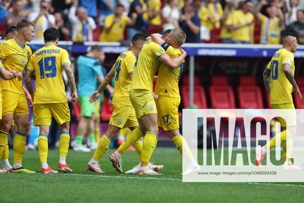 Dusseldorf, Germany 21.06.2024: Roman Yaremchuk of Ukraine score the goal 1-2 and celebrates during the UEFA EURO, EM, Europameisterschaft,Fussball 2024 group stage E football match between Slovakia vs Ukraine at Dusseldorf Arena in Dusseldorf