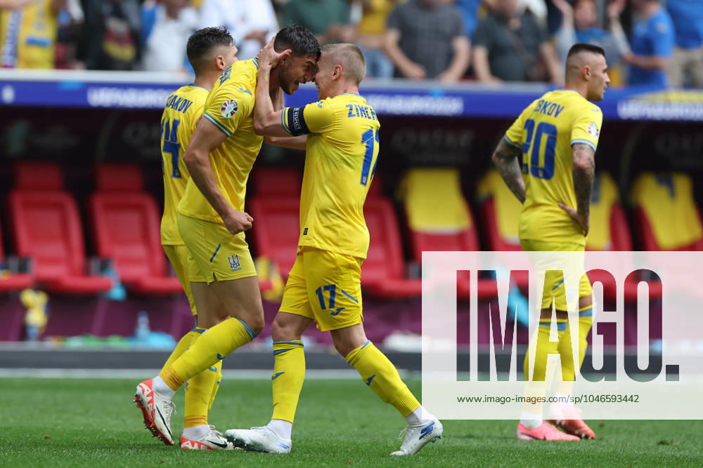 Dusseldorf, Germany 21.06.2024: Roman Yaremchuk of Ukraine score the goal 1-2 and celebrates during the UEFA EURO, EM, Europameisterschaft,Fussball 2024 group stage E football match between Slovakia vs Ukraine at Dusseldorf Arena in Dusseldorf