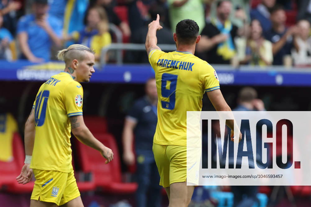 Dusseldorf, Germany 21.06.2024: Roman Yaremchuk of Ukraine score the goal 1-2 and celebrates during the UEFA EURO, EM, Europameisterschaft,Fussball 2024 group stage E football match between Slovakia vs Ukraine at Dusseldorf Arena in Dusseldorf